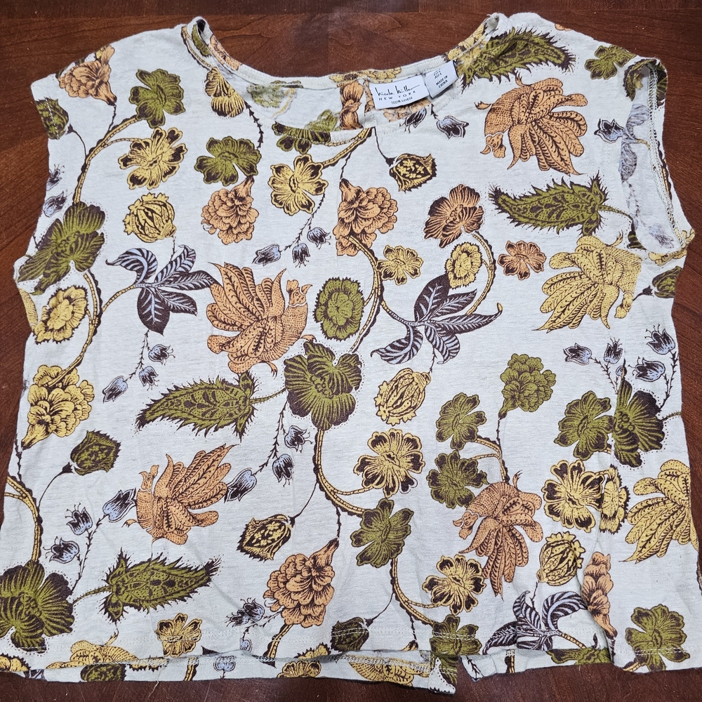 Womans Nicole Miller Linen Top Yellow and Brown Print Bird And Floral Size Large